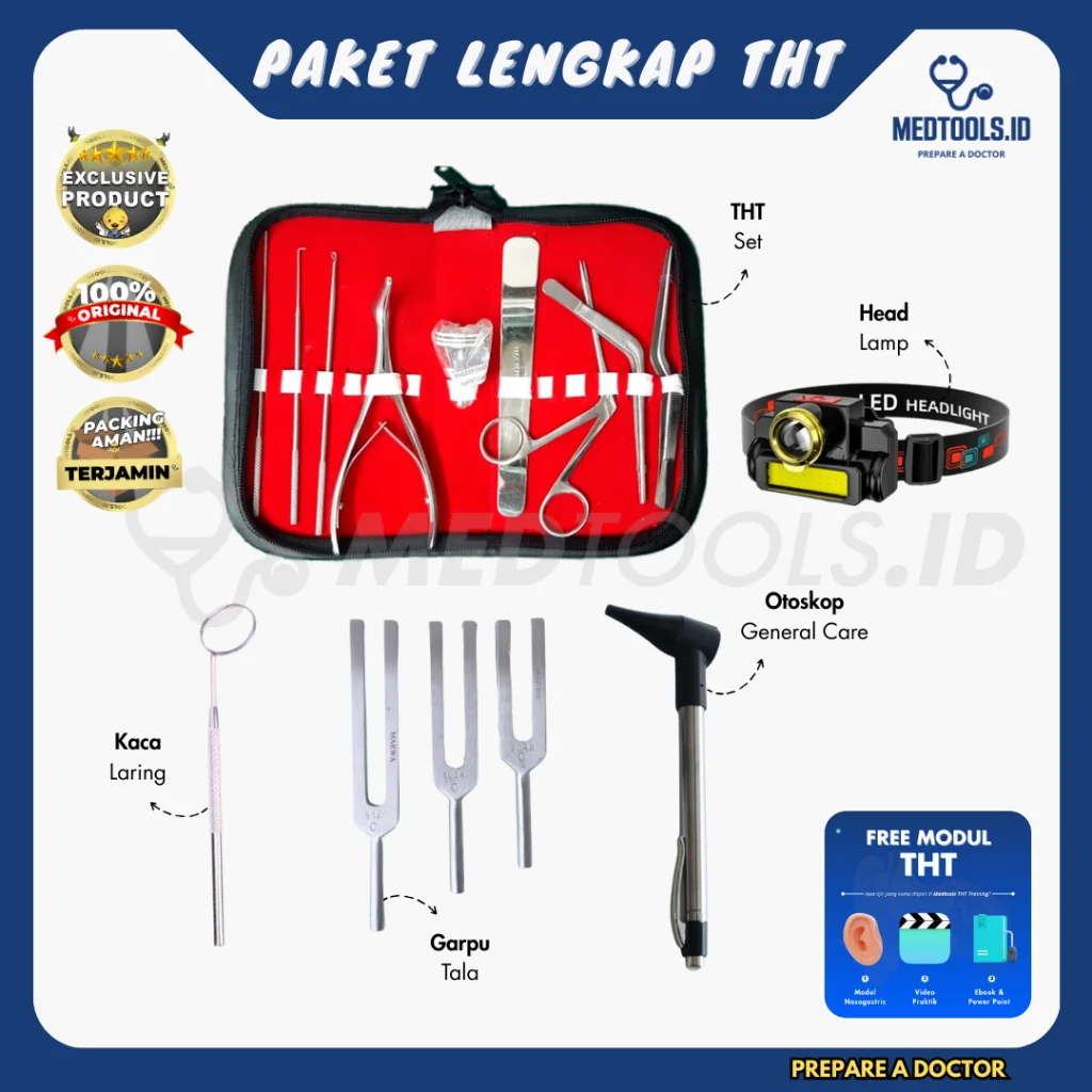 Paket Lengkap THT / Telinga Hidung Tenggorokan [THT Set + Headlamp + Otoskop + Garpu Tala] - Medtools