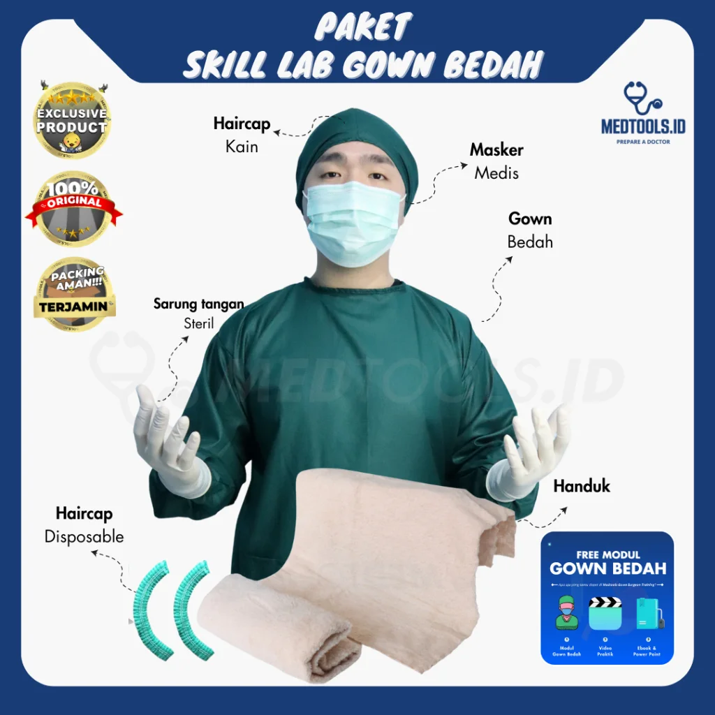 Paket Skill Lab Gown Bedah [Baju Ruang OK + Handuk Steril + Haircap + Masker + Handscoon] - Medtools