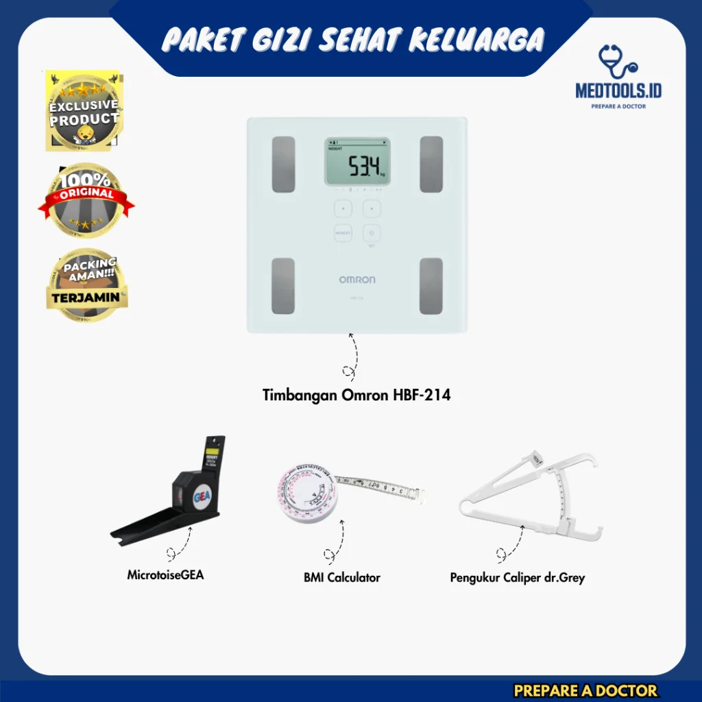 Paket Gizi Sehat Keluarga [Timbangan Omron HBF-214 + Caliper + Pengukur IMT + Microtoise] - Medtools