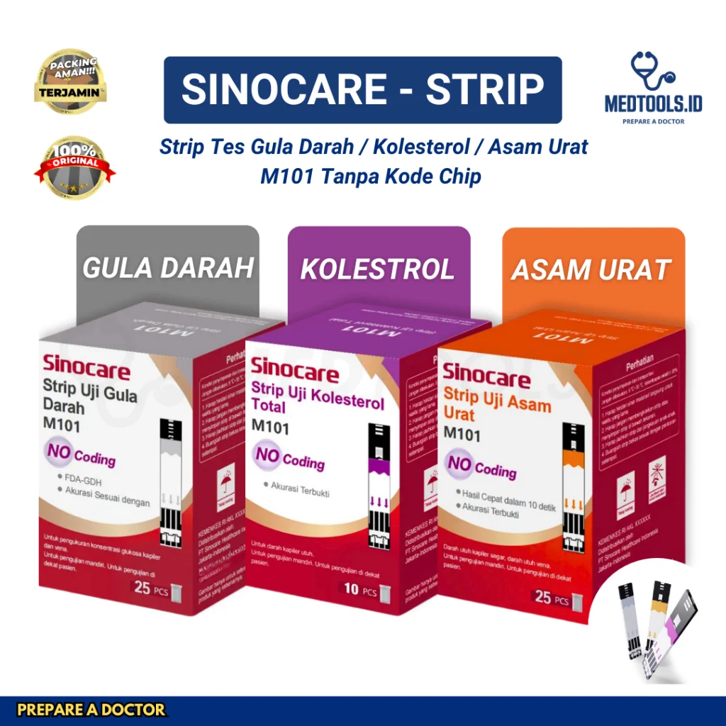 Paket Strip Sinocare 3in 1 [ Strip Kolesterol, Asam Urat, Gula Darah ] - Cholesterol / Urid Acid / Glucosa - Medtools