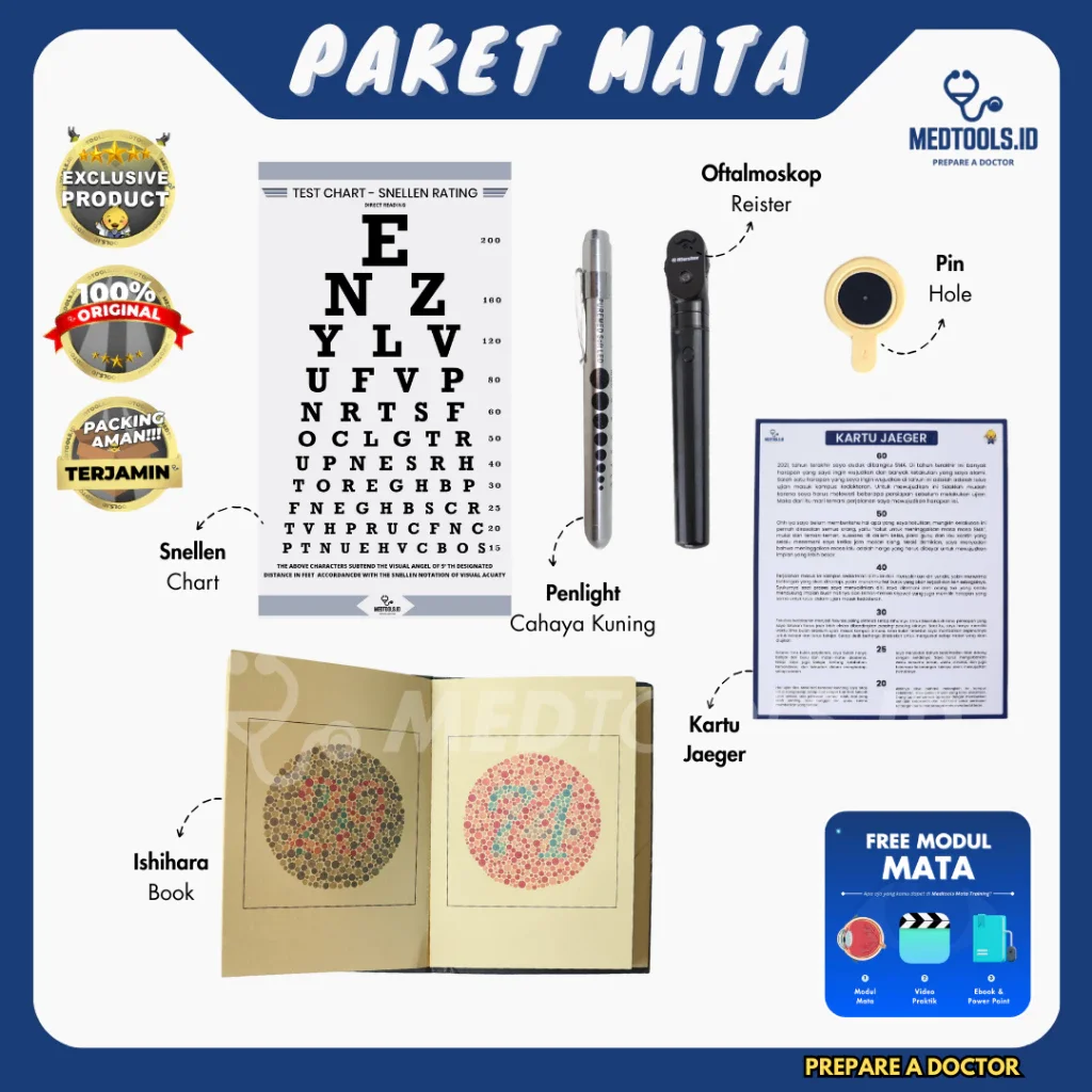 Paket Pemeriksaan Mata [Oftalmoskop + Snellen Chart + Pin Hole + Jaeger + Ishihara Test ] - Medtools