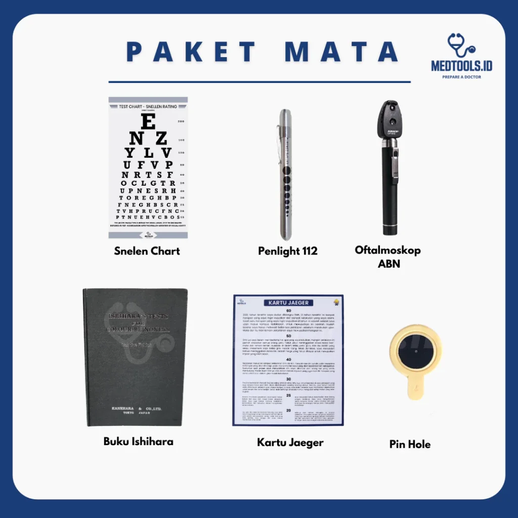 Paket Pemeriksaan Mata [Oftalmoskop + Snellen Chart + Pin Hole + Jaeger + Ishihara Test ] - Medtools view 3