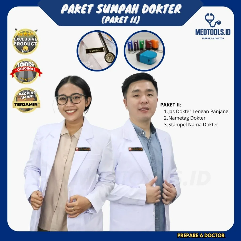 Paket Sumpah Dokter [ Sumdok / Jas Dokter Lengan Panjang + Name Tag + Stampel ] - Medtools